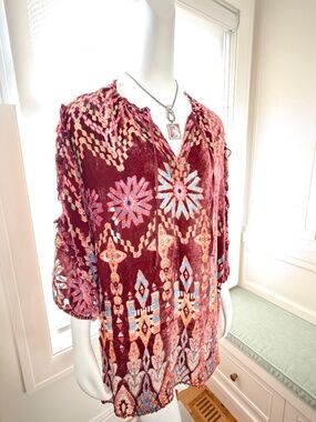 Johnny Was silk blend and velvet boho tunic blouse embroidered, women’s XL